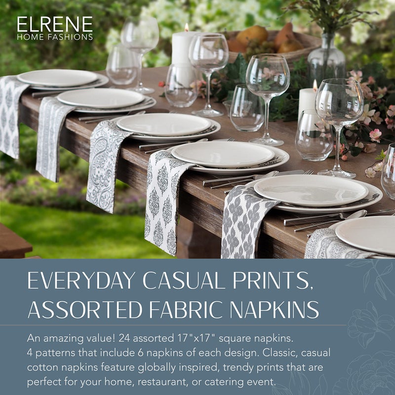 Elrene Home Fashions Everyday Casual Prints Assorted Fabric Napkins, Decorative Cloth Napkins and Table Accessories, 17" X 17", Gray, Set of 24 - Image 2